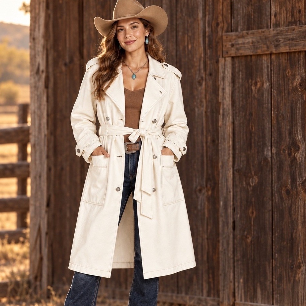 Crescent Long Denim Trench Coat Women M/L Cream Western Boho Utility Minimalist